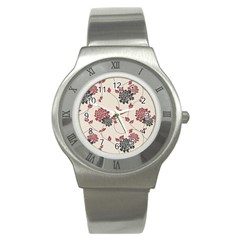 Flower Floral Black Pink Stainless Steel Watch by Mariart