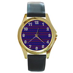 Split Diamond Blue Purple Woven Fabric Round Gold Metal Watch by Mariart