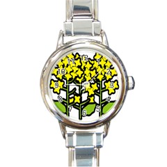 Flower Floral Sakura Yellow Green Leaf Round Italian Charm Watch