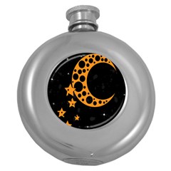 Moon Star Space Orange Black Light Night Circle Polka Round Hip Flask (5 Oz)