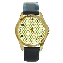 Merry Christmas Polka Dot Circle Snow Tree Green Orange Red Gray Round Gold Metal Watch by Mariart