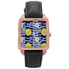 Sunflower Line Blue Yellpw Rose Gold Leather Watch  by Mariart