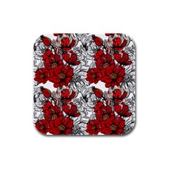 Hand Drawn Red Flowers Pattern Rubber Square Coaster (4 Pack)  by TastefulDesigns