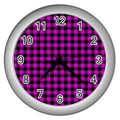 Lumberjack Fabric Pattern Pink Black Wall Clocks (silver)  by EDDArt