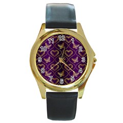 Flower Butterfly Gold Purple Heart Love Round Gold Metal Watch by Mariart