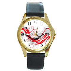 Flower Floral Star Red Wave Round Gold Metal Watch by Mariart