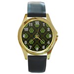 Leaf Green Round Gold Metal Watch Front