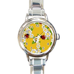Flower Floral Sunflower Butterfly Red Yellow White Green Leaf Round Italian Charm Watch