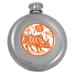 Chinese Zodiac Cow Star Orange Round Hip Flask (5 Oz) by Mariart