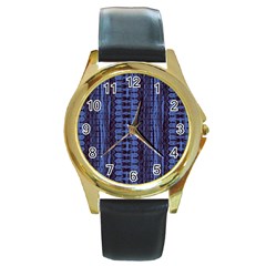 Wrinkly Batik Pattern   Blue Black Round Gold Metal Watch by EDDArt