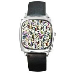 Colorful Retro Style Letters Numbers Stars Square Metal Watch by EDDArt