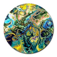 Flower Power Fractal Batik Teal Yellow Blue Salmon Round Mousepads by EDDArt