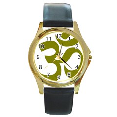 Hindu Om Symbol (olive) Round Gold Metal Watch