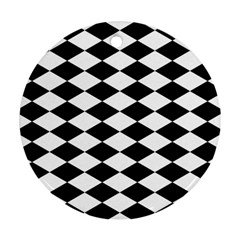 Diamond Black White Plaid Chevron Round Ornament (two Sides)