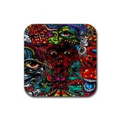 Abstract Psychedelic Face Nightmare Eyes Font Horror Fantasy Artwork Rubber Square Coaster (4 Pack)  by Nexatart