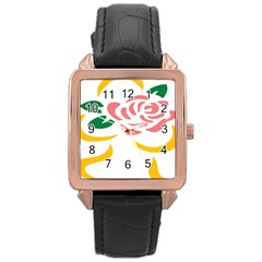 Pink Rose Ribbon Bouquet Green Yellow Flower Floral Rose Gold Leather Watch  by Mariart