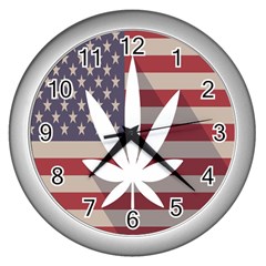 Flag American Star Blue Line White Red Marijuana Leaf Wall Clocks (silver) 
