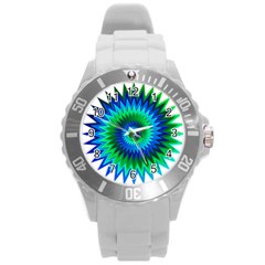 Star 3d Gradient Blue Green Round Plastic Sport Watch (l) by Nexatart