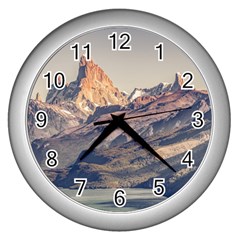 Fitz Roy And Poincenot Mountains Lake View   Patagonia Wall Clocks (silver)  by dflcprints