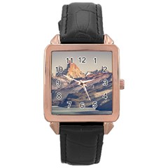 Fitz Roy And Poincenot Mountains Lake View   Patagonia Rose Gold Leather Watch  by dflcprints