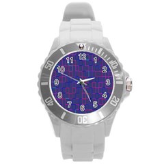 Grid Lines Square Pink Cyan Purple Blue Squares Lines Plaid Round Plastic Sport Watch (l) by Mariart