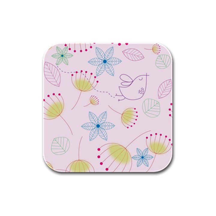 Pretty Summer Garden Floral Bird Pink Seamless Pattern Rubber Square Coaster (4 pack) 