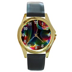 Abstract Rainbow Twirls Round Gold Metal Watch by Nexatart