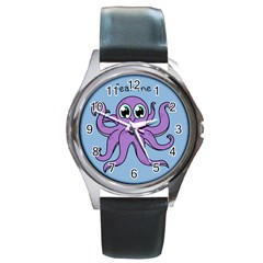 Colorful Cartoon Octopuses Pattern Fear Animals Sea Purple Round Metal Watch by Mariart