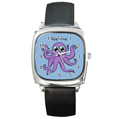 Colorful Cartoon Octopuses Pattern Fear Animals Sea Purple Square Metal Watch by Mariart