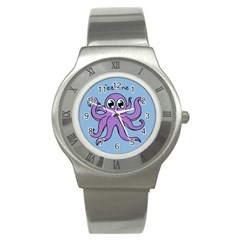 Colorful Cartoon Octopuses Pattern Fear Animals Sea Purple Stainless Steel Watch by Mariart