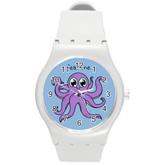 Colorful Cartoon Octopuses Pattern Fear Animals Sea Purple Round Plastic Sport Watch (m) by Mariart
