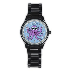 Colorful Cartoon Octopuses Pattern Fear Animals Sea Purple Stainless Steel Round Watch by Mariart