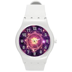 A Gold And Royal Purple Fractal Map Of The Stars Round Plastic Sport Watch (m) by jayaprime