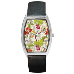 Flower Floral Red Green Tropical Barrel Style Metal Watch