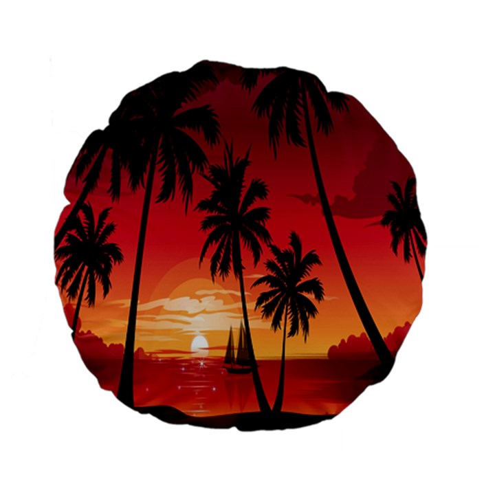 Nature Palm Trees Beach Sea Boat Sun Font Sunset Fabric Standard 15  Premium Flano Round Cushions