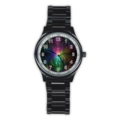 Anodized Rainbow Eyes And Metallic Fractal Flares Stainless Steel Round Watch