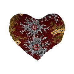 Aboriginal Art – Riverside Dreaming Standard 16  Premium Flano Heart Shape Cushions by hogartharts