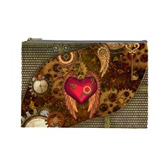 Steampunk Golden Design, Heart With Wings, Clocks And Gears Cosmetic Bag (large)  by FantasyWorld7
