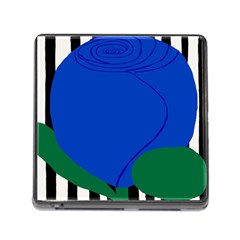 Blue Flower Leaf Black White Striped Rose Memory Card Reader (square) by Mariart