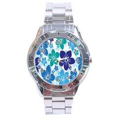 Hibiscus Flowers Green Blue White Hawaiian Stainless Steel Analogue Watch by Mariart
