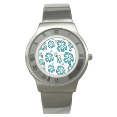 Hibiscus Flowers Green White Hawaiian Blue Stainless Steel Watch by Mariart