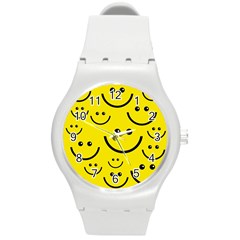 Digitally Created Yellow Happy Smile  Face Wallpaper Round Plastic Sport Watch (m) by BangZart