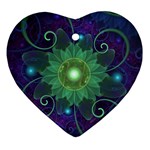 Glowing Blue-Green Fractal Lotus Lily Pad Pond Ornament (Heart) Front