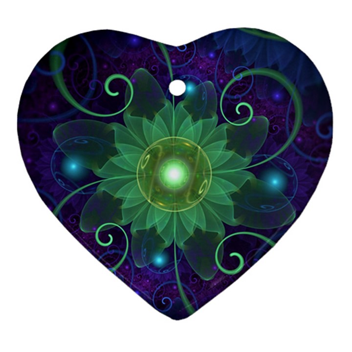 Glowing Blue-Green Fractal Lotus Lily Pad Pond Ornament (Heart)
