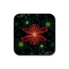 Beautiful Red Passion Flower In A Fractal Jungle Rubber Coaster (square)  by jayaprime