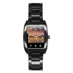 Small Bird Over Fence Backlight Sunset Scene Stainless Steel Barrel Watch by dflcprints