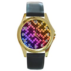 Abstract Small Block Pattern Round Gold Metal Watch by BangZart