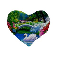 Swan Bird Spring Flowers Trees Lake Pond Landscape Original Aceo Painting Art Standard 16  Premium Flano Heart Shape Cushions by BangZart