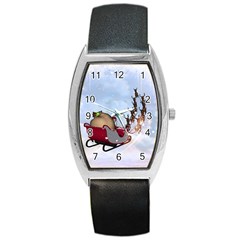 Christmas, Santa Claus With Reindeer Barrel Style Metal Watch by FantasyWorld7