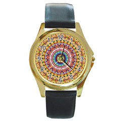 Peaceful Mandala Round Gold Metal Watch by designworld65